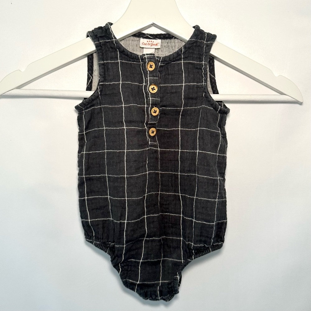 Cat & Jack Sleeveless Gauze Romper 12m | Black Grid | Lightweight Cotton | Baby